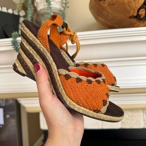 BCBG Orange and Brown Wedge Sandals